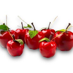 7 Vintage Ruby Red Apples w/Green Leaves Christmas Ornament EUC See Photos